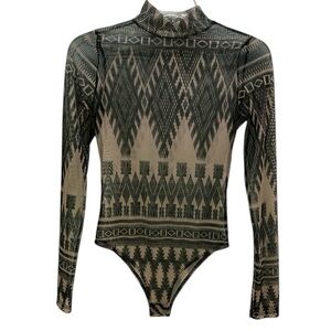 Nylon Apparel Southwest Aztec Print Mesh Sheer Bodysuit Mock Neck Medium